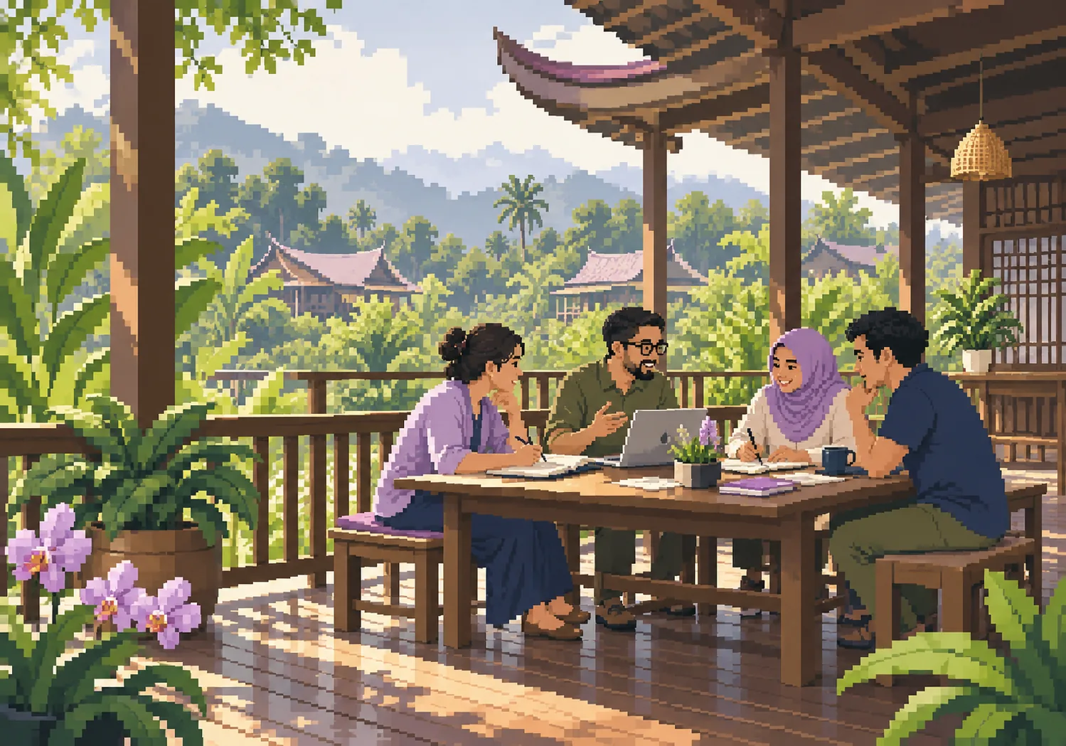 Pixel-art participants exchanging ideas at a shaded community learning table.