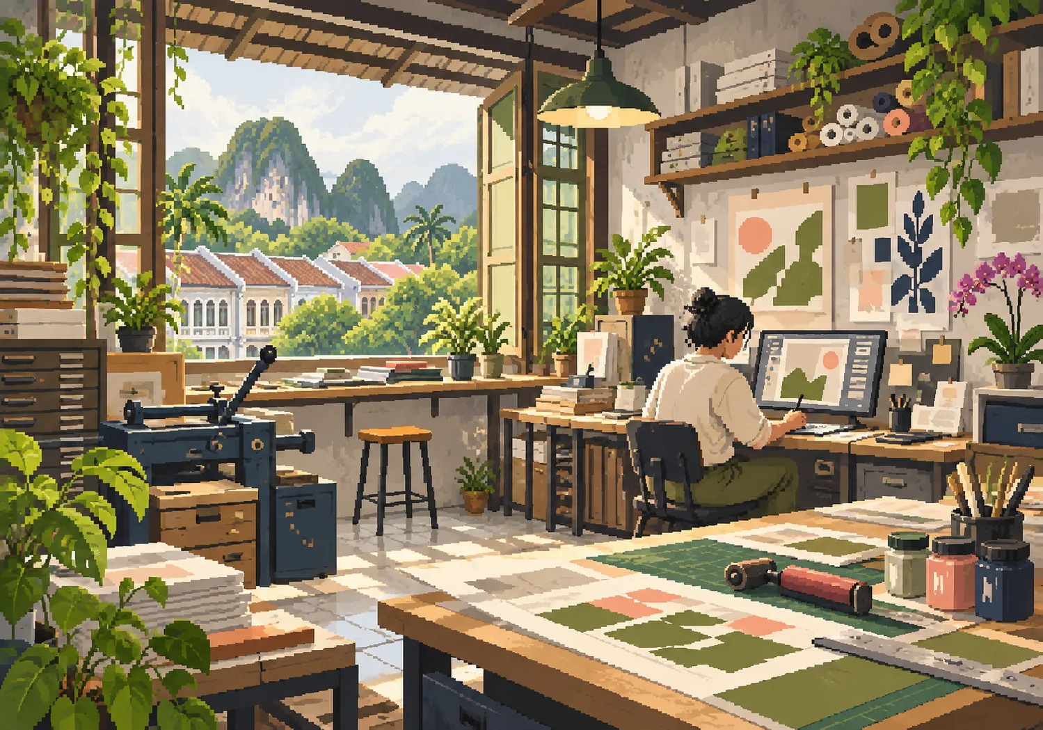 Pixel-art print workshop overlooking shophouses and limestone hills in Perak.