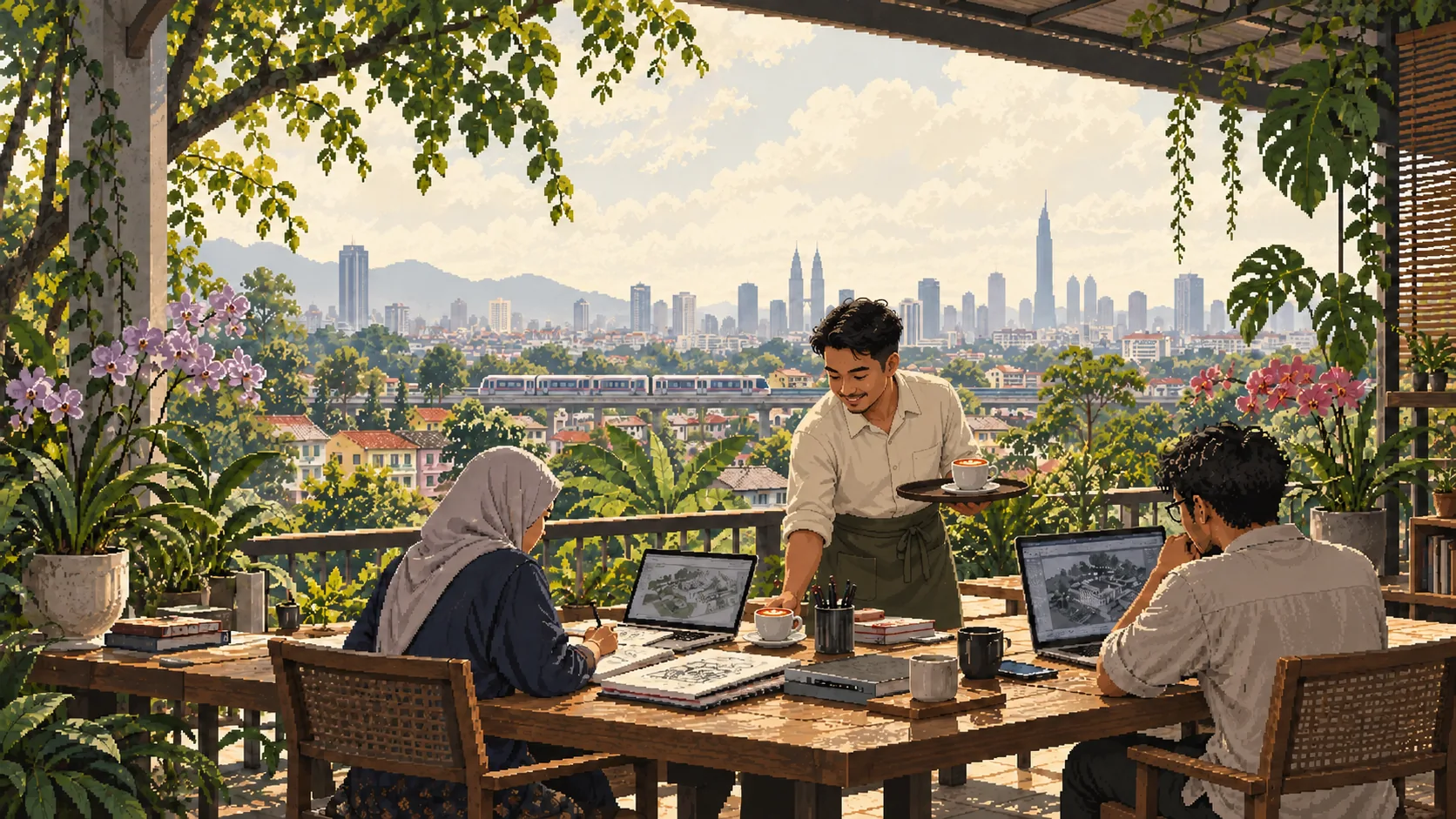 A waiter serves cappuccinos to two colleagues working on a shaded verandah, with orchids, a passing train and Kuala Lumpur in the distance.