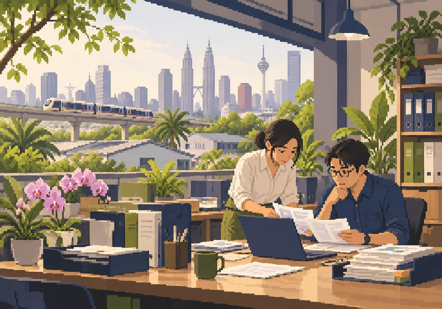 Pixel-art colleagues reviewing an organisation’s paperwork in a bright Kuala Lumpur office.
